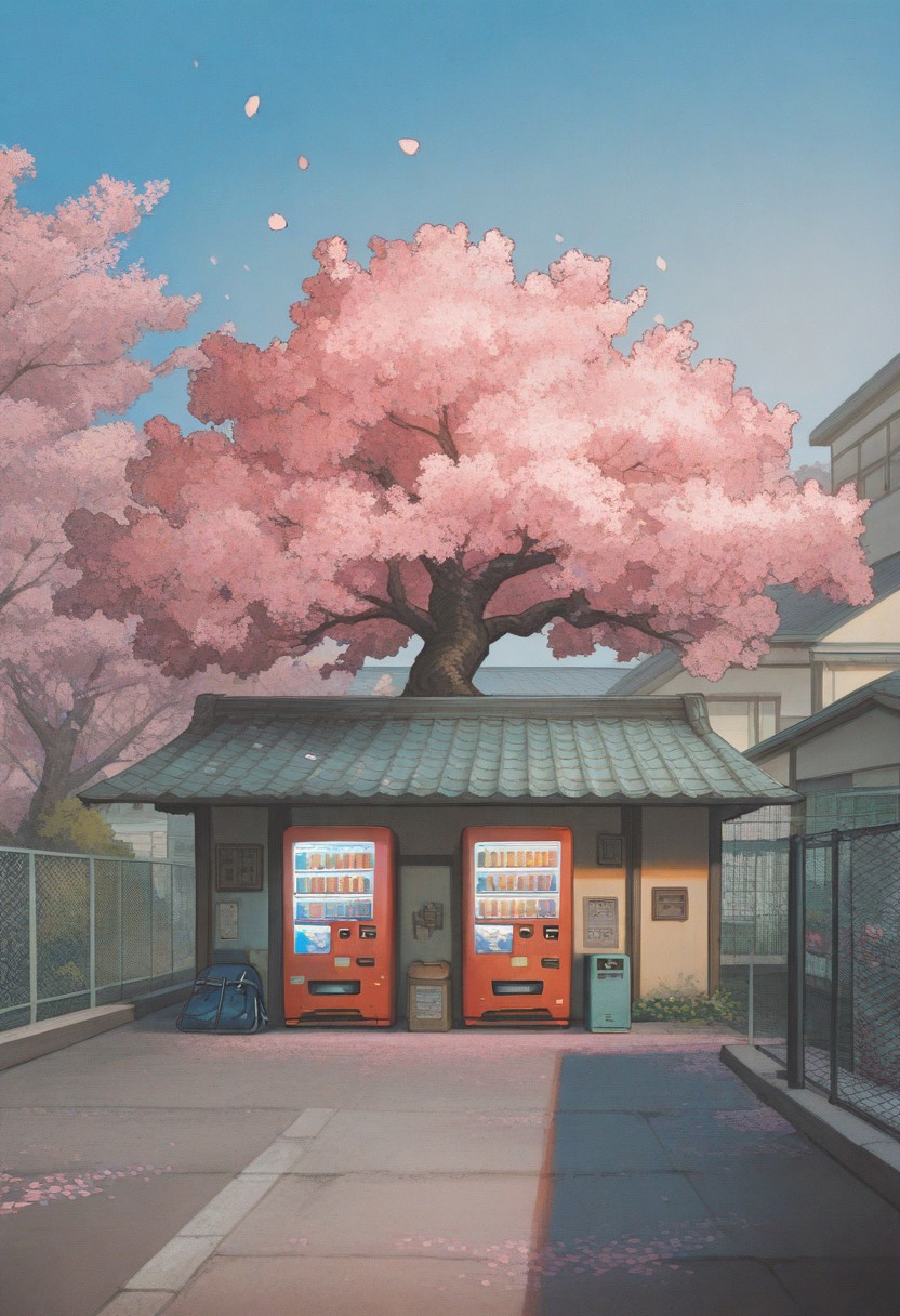 masterpiece, best quality, very aesthetic, absurdres, 
scenery, diorama, dollhouse_view, 
Japanese suburban schoolyard, cherry blossom trees in bloom, petals drifting through the air, school building with rooftop in the distance, concrete courtyard with faded white lines for sports, chain-link fence, student backpacks and bikes scattered nearby, vending machines, blue sky with a few clouds, distant cityscape behind the trees, warm afternoon light, sakura petals covering the ground, vibrant and playful atmosphere, nostalgic and energetic vibe, slice-of-life anime style, soft lighting and bright colors 
bdbgil