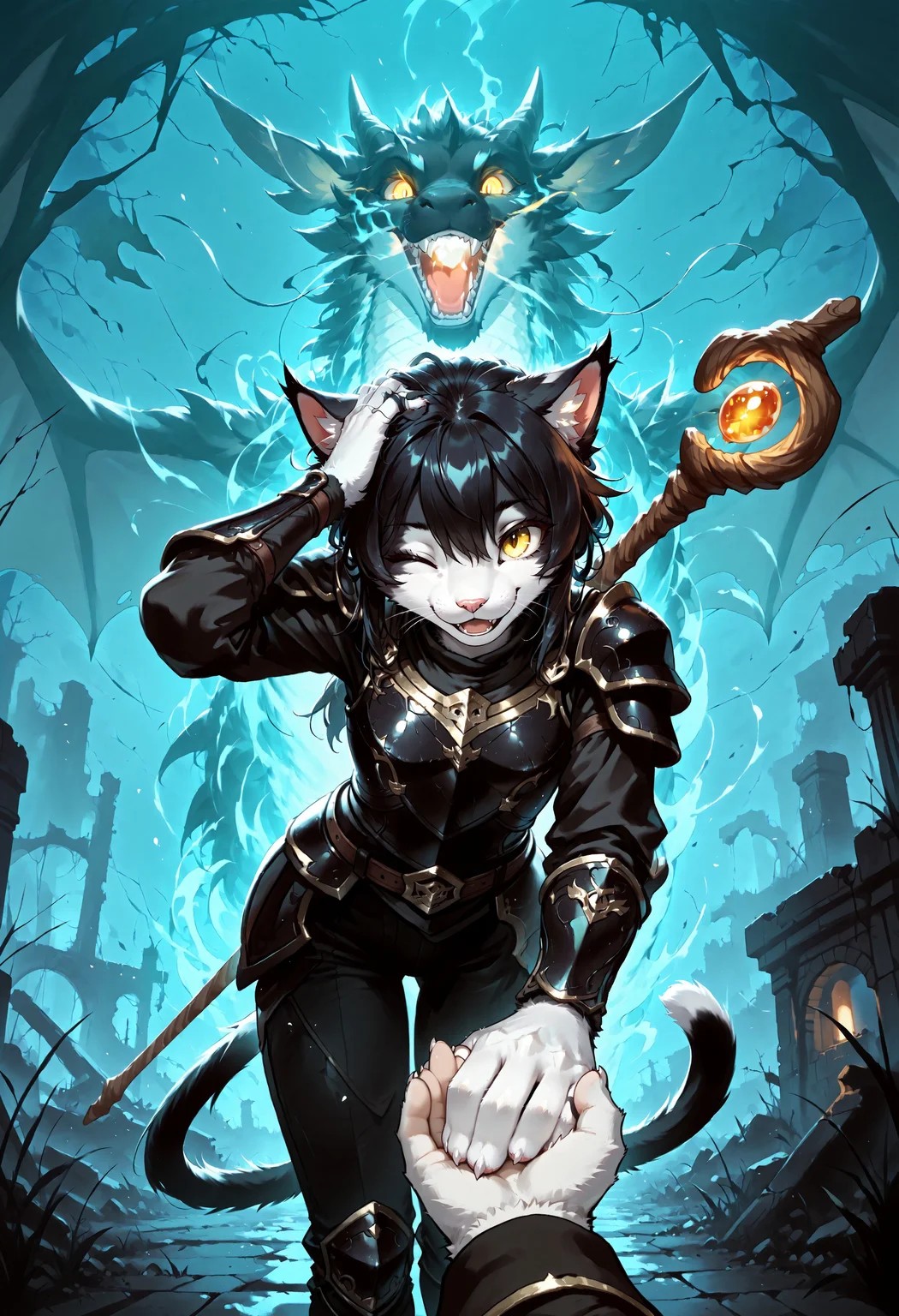 score_9, score_8_up, score_7_up, screencap, (solo), sfw BREAK 1girl, Ember (ESO), anthro, feline, black and white fur, cat tail, black hair, slim, (black armor:1.2), pants, yellow eyes,(wizard's staff on the back:1.2), happy, open mouth, one eye closed, head leans forward, covering head down, BREAK night, glowing eyes, darkness, dark, ruins, outdoors, ((big dragon in the background attacking)), fantasy battlefield, extremely detailed, detailed background, high detail, cinematic soft lighting, tranquil setting, sharp focus, holding hands, solo focus, pov hands, out of frame, dynamic angle, dynamic pose