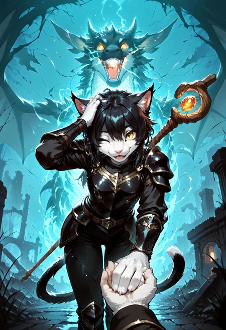 score_9, score_8_up, score_7_up, screencap, (solo), sfw BREAK 1girl, Ember (ESO), anthro, feline, black and white fur, cat tail, black hair, slim, (black armor:1.2), pants, yellow eyes,(wizard's staff on the back:1.2), happy, open mouth, one eye closed, head leans forward, covering head down, BREAK night, glowing eyes, darkness, dark, ruins, outdoors, ((big dragon in the background attacking)), fantasy battlefield, extremely detailed, detailed background, high detail, cinematic soft lighting, tranquil setting, sharp focus, holding hands, solo focus, pov hands, out of frame, dynamic angle, dynamic pose