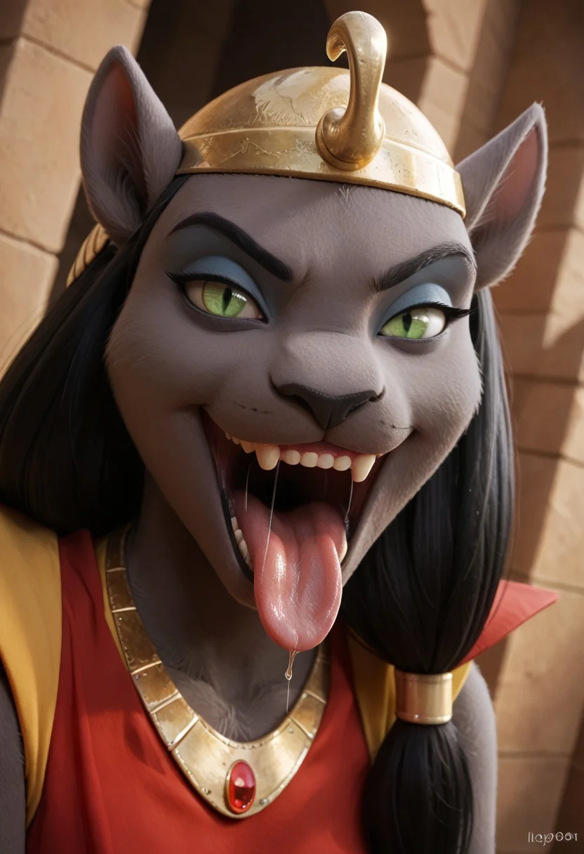 slit pupils, green eyes, <lora:Mirage_Aladdin_pony:0.4> mirage, grey fur, black hair, golden hair accessoire, golden cuffs, <lora:Mirage:0.4> Mirage, cat girl, black fur, headwear, circlet, red harem outfit, face focus,
smile, smirk, grin, mouth shot, mawshot, open mouth, vore, imminent vore, oral invitation, saliva, tongue, throat, dutch angle, side view, angle view, score_9, score_8_up, score_7_up, score_6_up, score_5_up,