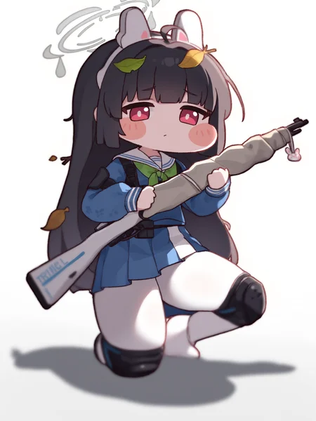 (trickcalcg, chibi:1.4), (blush stickers, blush), blue archive, miyu \(blue archive\), 1girl, ahoge, animal ears, black hair, blue serafuku, blue skirt, bolt action, fake animal ears, grey halo, gun, halo, holding, holding gun, holding weapon, knee pads, kneeling, leaf, leaf on head, mosin-nagant, pantyhose, rabbit ears, red eyes, rifle, school uniform, serafuku, simple background, single knee pad, skirt, sniper rifle, solo, twig, weapon, white background, white pantyhose,
colorful, (best shadow:1.2), golden hour lighting, (Depth of field:1.2), beautiful detailed glow,
(masterpiece, best quality, absurdres, highres, newest:1.2), very awa,