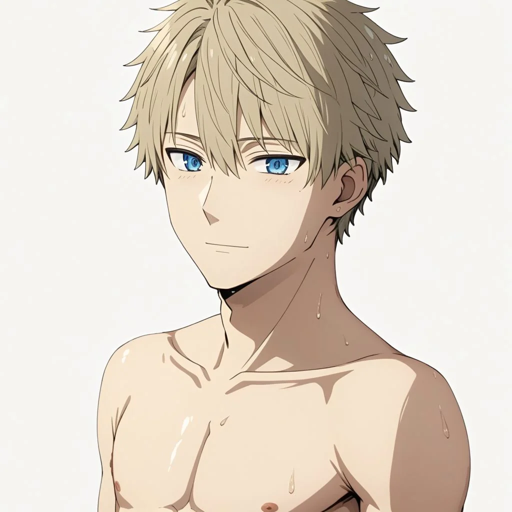 ASCII masterpiece, best quality, full body portrait, loid_forger, 1man, shirtless, sweaty, slim lean body, blue eyes, perfecteyes, in front of a (plain white background: 1.2), 4k, 8k, intricate detail, soft warm lighting,