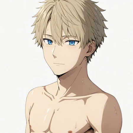 ASCII masterpiece, best quality, full body portrait, loid_forger, 1man, shirtless, sweaty, slim lean body, blue eyes, perfecteyes, in front of a (plain white background: 1.2), 4k, 8k, intricate detail, soft warm lighting,