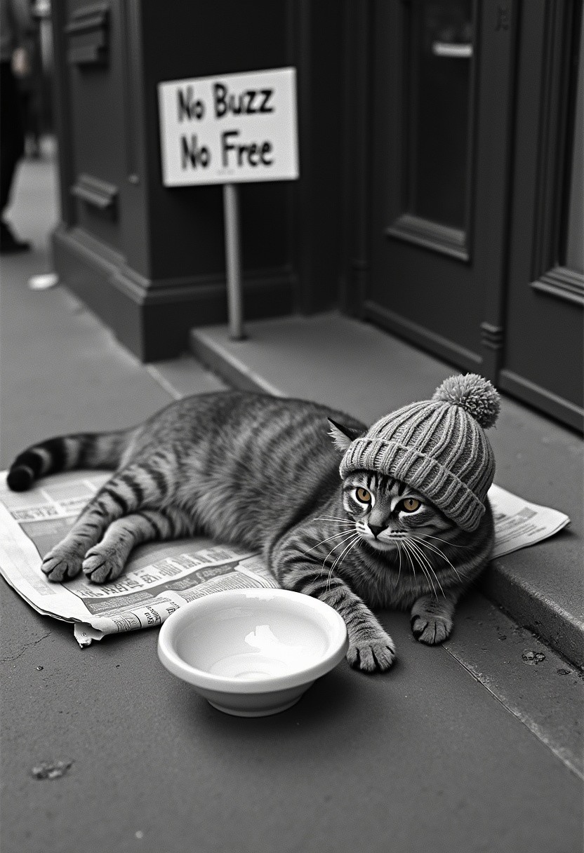 A stray cat wearing a knitted hat lies on the sidewalk, covered with newspaper, next to a ceramic begging bowl and a sign that reads "No Buzz, No Free". Kodak Film, Ultra High Definition, 35 mm, Chiaroscuro