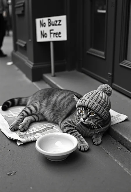 A stray cat wearing a knitted hat lies on the sidewalk, covered with newspaper, next to a ceramic begging bowl and a sign that reads "No Buzz, No Free". Kodak Film, Ultra High Definition, 35 mm, Chiaroscuro
