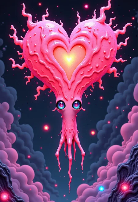 A weird squid-like creature swimming through the air leaving whimsical glowing orbs levitating in the backwards moving shockwaves. The left behind orbs slowly form a dark Red heartshaped pulsating cloud. WackadoodleDaal