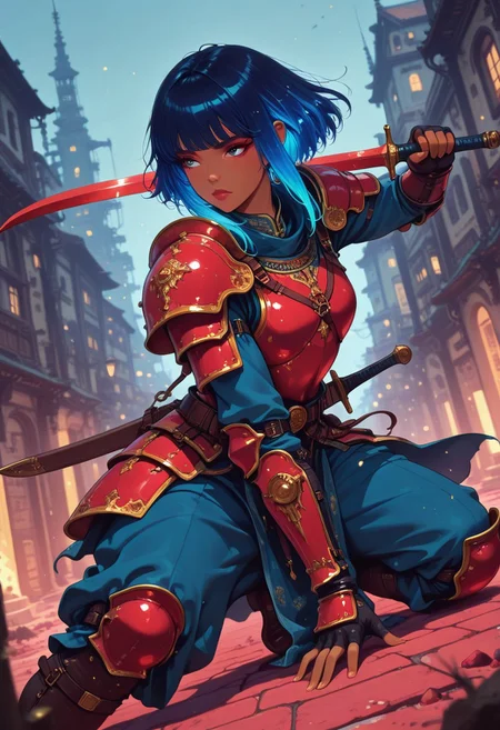 masterpiece, best quality, good quality, very aesthetic, absurdres, newest, 8K, depth of field, focused subject, in the style of cknc, artist:moriimee, in the style of cksc,  BREAK asian young woman, dark skin, bangs, long bright blue bioluminescent hair, red plated armour, holding scimitar, battle stance, dynamic angle, ancient fantasy city, directional lighting,