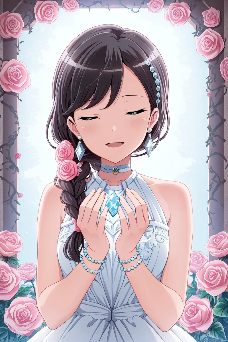 masterpiece, best quality, amazing quality,
<lora:Koharu_IL:1> koharu, 1girl, flower, solo, closed eyes, jewelry, braid, dress, rose, earrings, gem, smile, bracelet, choker, white dress, black hair, long hair, facing viewer, open mouth, beads, pink rose, sleeveless, sleeveless dress, hair ornament, upper body, diamond (gemstone)