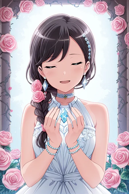 masterpiece, best quality, amazing quality,
 <lora:Koharu_IL:1> koharu, 1girl, flower, solo, closed eyes, jewelry, braid, dress, rose, earrings, gem, smile, bracelet, choker, white dress, black hair, long hair, facing viewer, open mouth, beads, pink rose, sleeveless, sleeveless dress, hair ornament, upper body, diamond (gemstone)