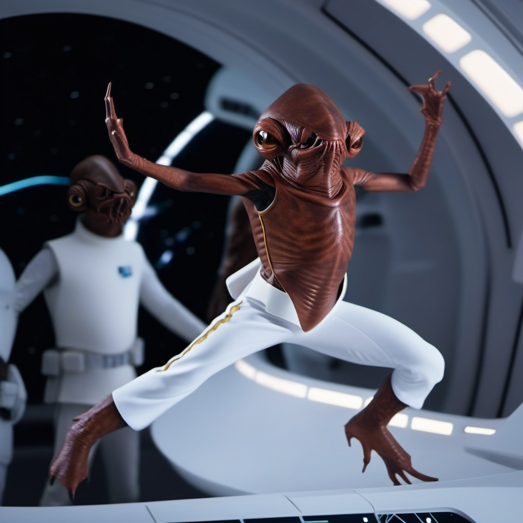 cinematic photo an brown skin alien with a strange looking face, star wars, white suit, 
fighting poses, spaceship <lora:AmiralAckbar1024:0.9> . 35mm photograph, film, bokeh, professional, 4k, highly detailed