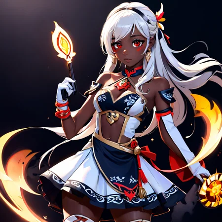 1girl, 3d, black background, cowboy shot, dark skin, dress, fingerless gloves, genshin_mualani, gloves, hair ornament, long hair, profile, red eyes, sandals, simple background, skirt, solo, white gloves, white hair <lora:Genshin_Mualani_pony:1> <lora:aidma-Image Upgrader-v0.1:1> perfect hands <lora:MHXL_Scrantelly_Slimjane:.6>