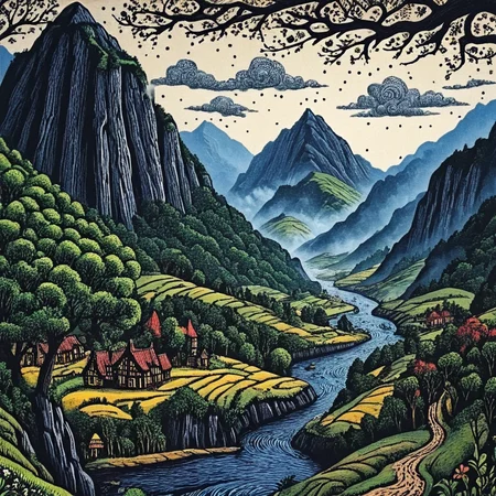 <lora:Neo-Folk_VisionarySDXL:1> ArsMJStyle, Neo-Folk Visionary, A stunning Landscape