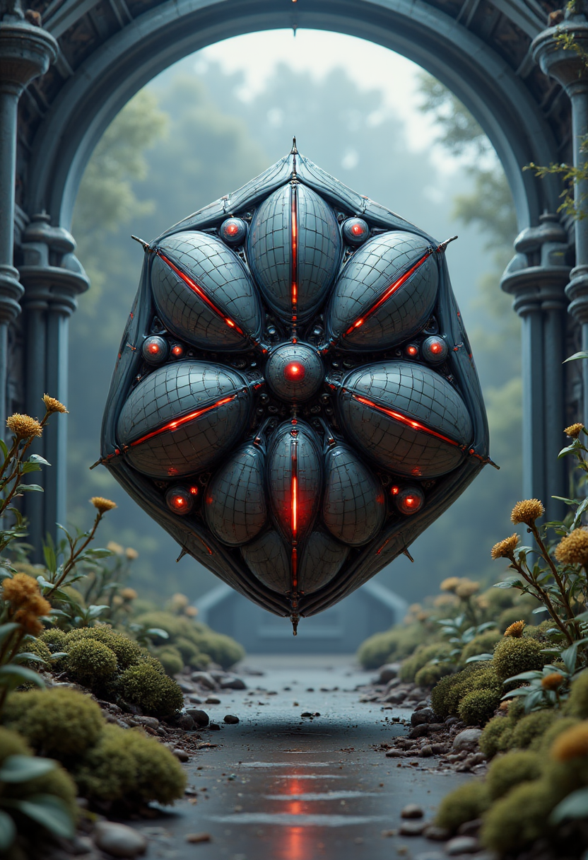 yfg-ge0m, A yfg-bgy pulsating cybernetic mollusk moves through an abandoned research station, its glowing red sensors catching the faint light of its surroundings. a distant planet covered in biomechanical flora create an eerie atmosphere as the entity glides forward, its presence both mesmerizing and unsettling. A deep, droning hum reverberates through the air, signaling the presence of something ancient, something watching from the shadows.