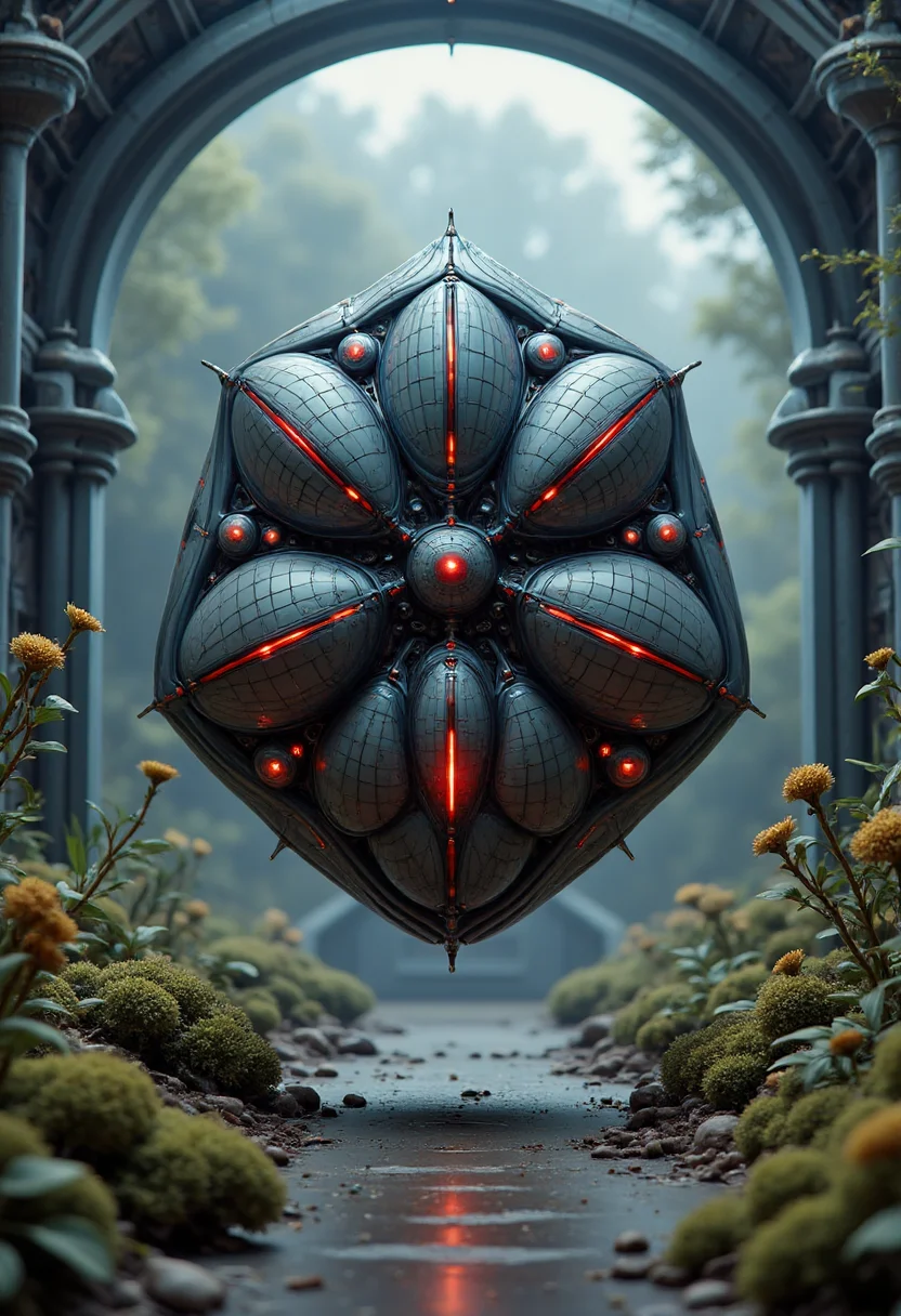 yfg-ge0m, A yfg-bgy pulsating cybernetic mollusk moves through an abandoned research station, its glowing red sensors catching the faint light of its surroundings. a distant planet covered in biomechanical flora create an eerie atmosphere as the entity glides forward, its presence both mesmerizing and unsettling. A deep, droning hum reverberates through the air, signaling the presence of something ancient, something watching from the shadows.