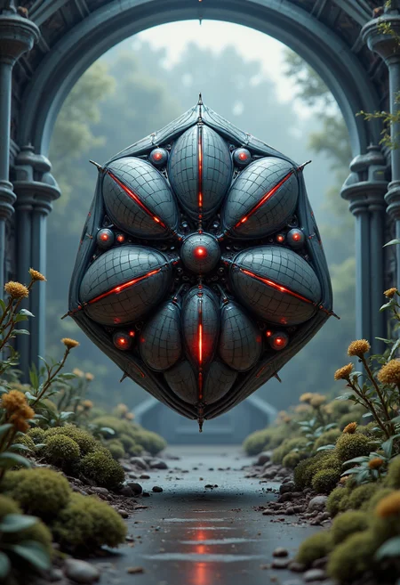 yfg-ge0m, A yfg-bgy pulsating cybernetic mollusk moves through an abandoned research station, its glowing red sensors catching the faint light of its surroundings. a distant planet covered in biomechanical flora create an eerie atmosphere as the entity glides forward, its presence both mesmerizing and unsettling. A deep, droning hum reverberates through the air, signaling the presence of something ancient, something watching from the shadows.