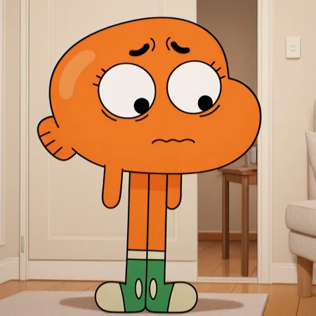 masterpiece, best quality, amazing quality, d4rw1n, male, furry male, anthro, solo, young, goldfish, orange skin, black eyes, small eyelashes, long legs, tailfin, white and green shoes, standing, sad, indoors, living room
