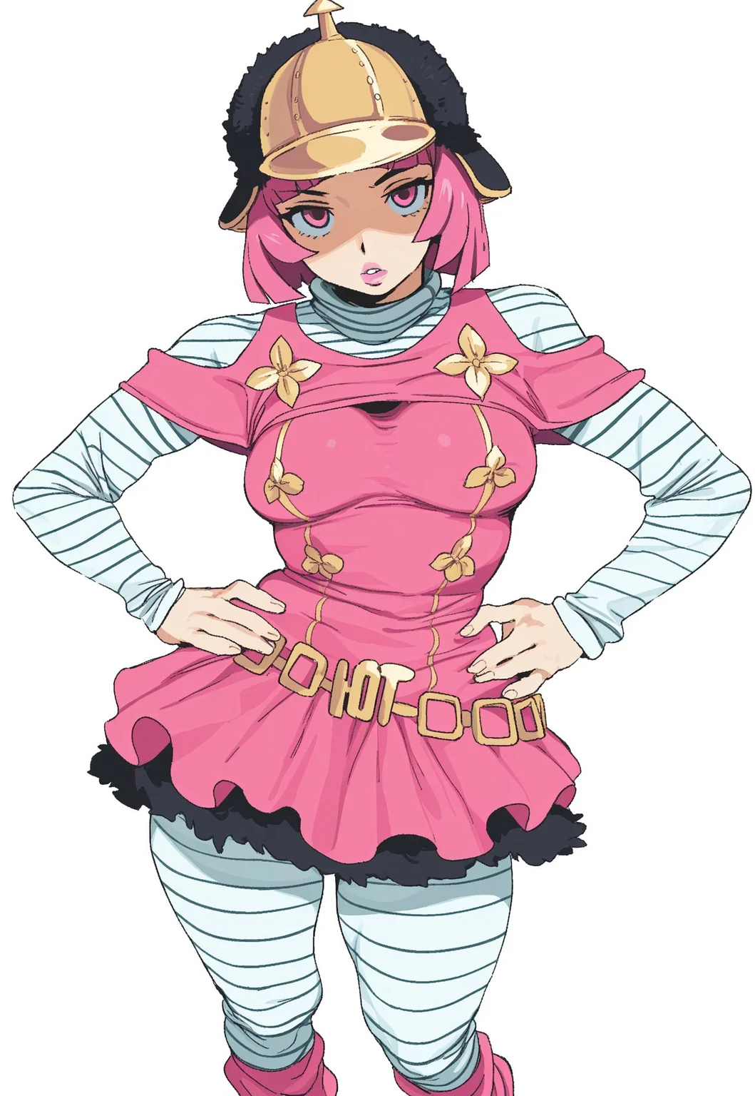 whoopsatr, anime, masterpiece, best quality, detailed background, 8k, 1girl, solo, hot pants, pink hair, short hair, pink lipstick, pink eyes, gold helmet, black fur cap, white striped shirt, long-sleeve shirt, baggy turtleneck, pink dress, layered dress, gold accessories, gold belt, white striped pants, baggy pink socks, white shoes, white background, parted lips, half body, staring at viewer, dramatic pose, hands on hips, breasts