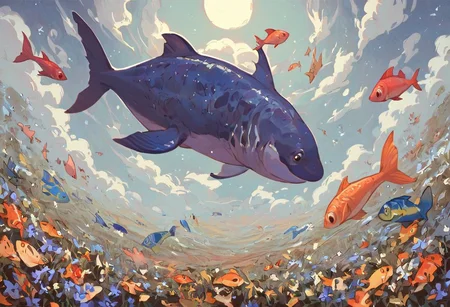 score_9, score_8_up, score_7_up, score_6_up,
nature background, flowers, flower, clouds, fields, flower field, night time, dark county side, moon in the sky, huge moon, glowing moon, white glow, horizon view, flat horizon
flying fish, fish floating, fish swimming thriugh the sky, betta fish, multi colour fish, swarm of fish, 30 fish, huge swarm of fish,fish ,Aquatic life, swarm of fish around a big fish, large goldfish, goldfish, large fish, dragon fish, dragon gold fish