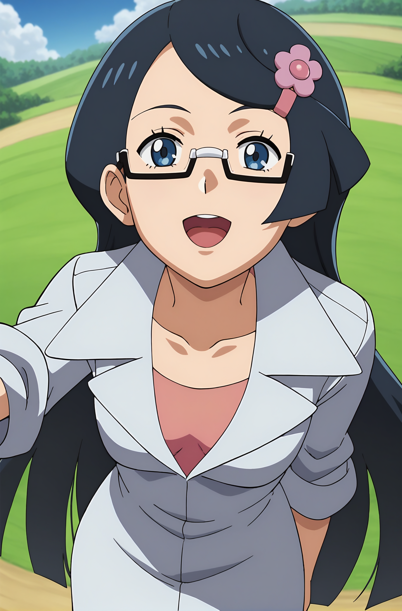score_9, score_8_up, score_7_up, score_6_up, source anime, anime, animification, anime screencap, anime coloring, vivid colors, shiny skin, skindentation, deep skin, depth of field, high quality, highres, (dynamic angle,dynamic pose),
fennel \(pokemon\), 1girl, solo, long hair, open mouth, blue eyes, black hair, hair ornament, flower, sky, glasses, day, hairclip, cloud, semi-rimless eyewear, labcoat
BREAK
masterpiece,high quality
 <lora:Fennel_PokemonPony:0.9>