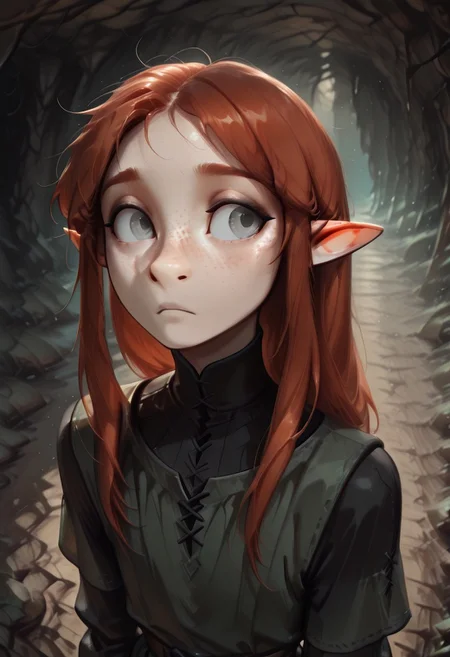 1person, solo, Lapanya, Malgha, freckles, pointy ears, Long-sleeve black shirt, green tunic,
Close up, looking to the side, looking away from viewer, high angle, anxious expression,
Underground, organic cavern,
Masterpiece, high quality, highly detailed, perfect eyes, detailed freckles,
