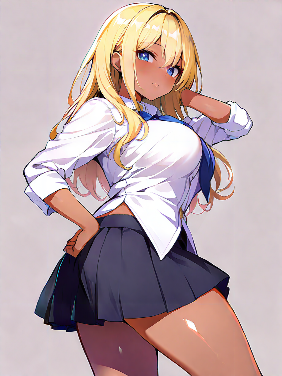 masterpiece,ultra-detailed,best quality,8K,illustration,cute face,clean skin ,shiny hair,girl,large breasts,ultra-detailed-eyes,simple background, solo,<lora:add-detail-xl:1>  <lora:kuro gyaru_XL_illustrious_V1.0:1> kuro gyaru, dark skin, blonde hair,school uniform,miniskirt