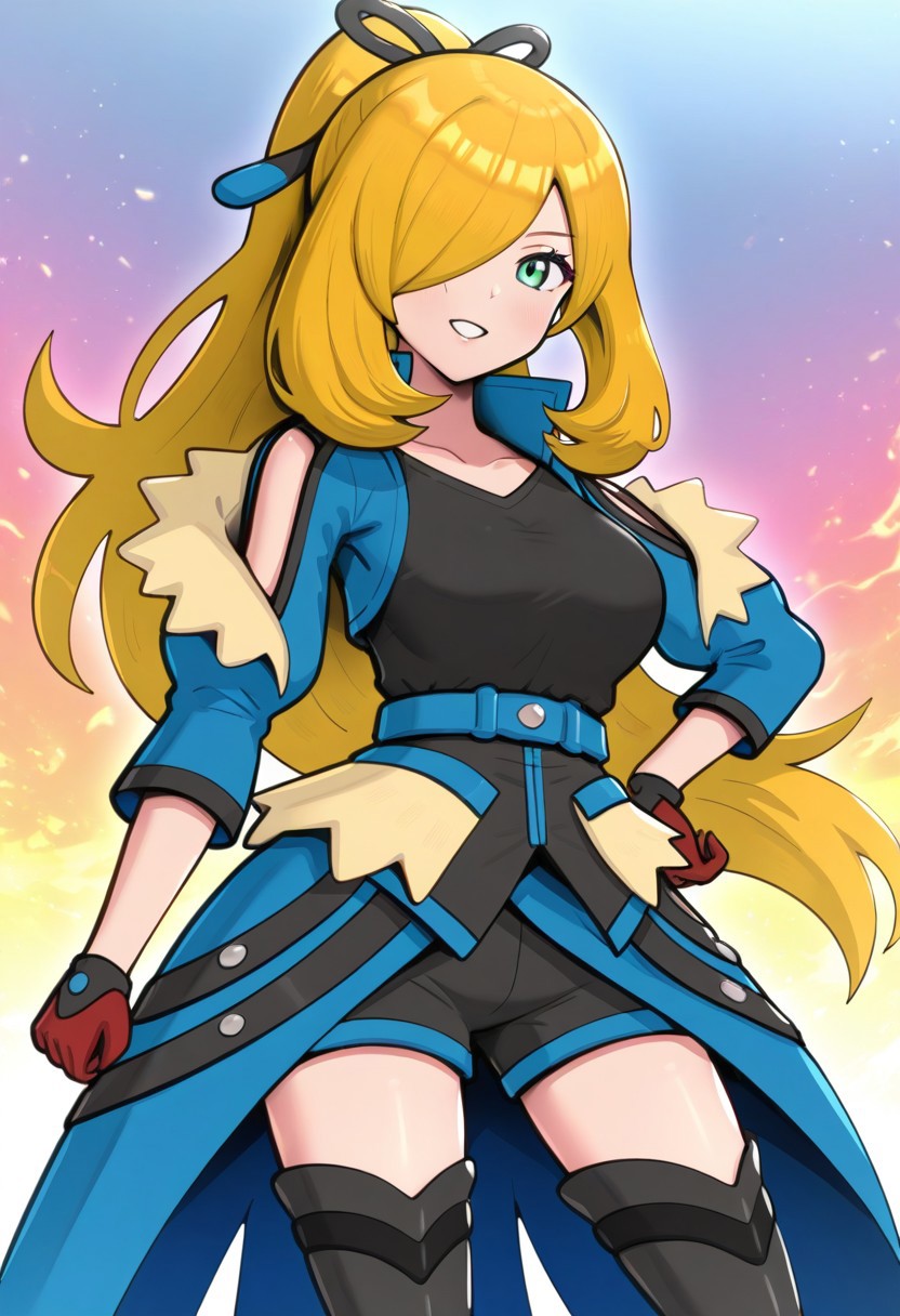 [hinosaki, pokemoa, gonzarez], 2d, masterpiece, best quality, amazing quality, 1girl, solo, close-up, standing, smile, upper body, cowboy shot, looking at viewer, simple background, colorful background, flames, auracynthia, def colors, grey eyes, blonde hair, very long hair, ponytail, black hair ribbon, hair over one eye, collarbone, blue jacket, shoulder cutout, red gloves, black shirt, blue belt, black shorts, showgirl skirt, blue skirt, red lining, thigh boots, high heels boots, black footwear
