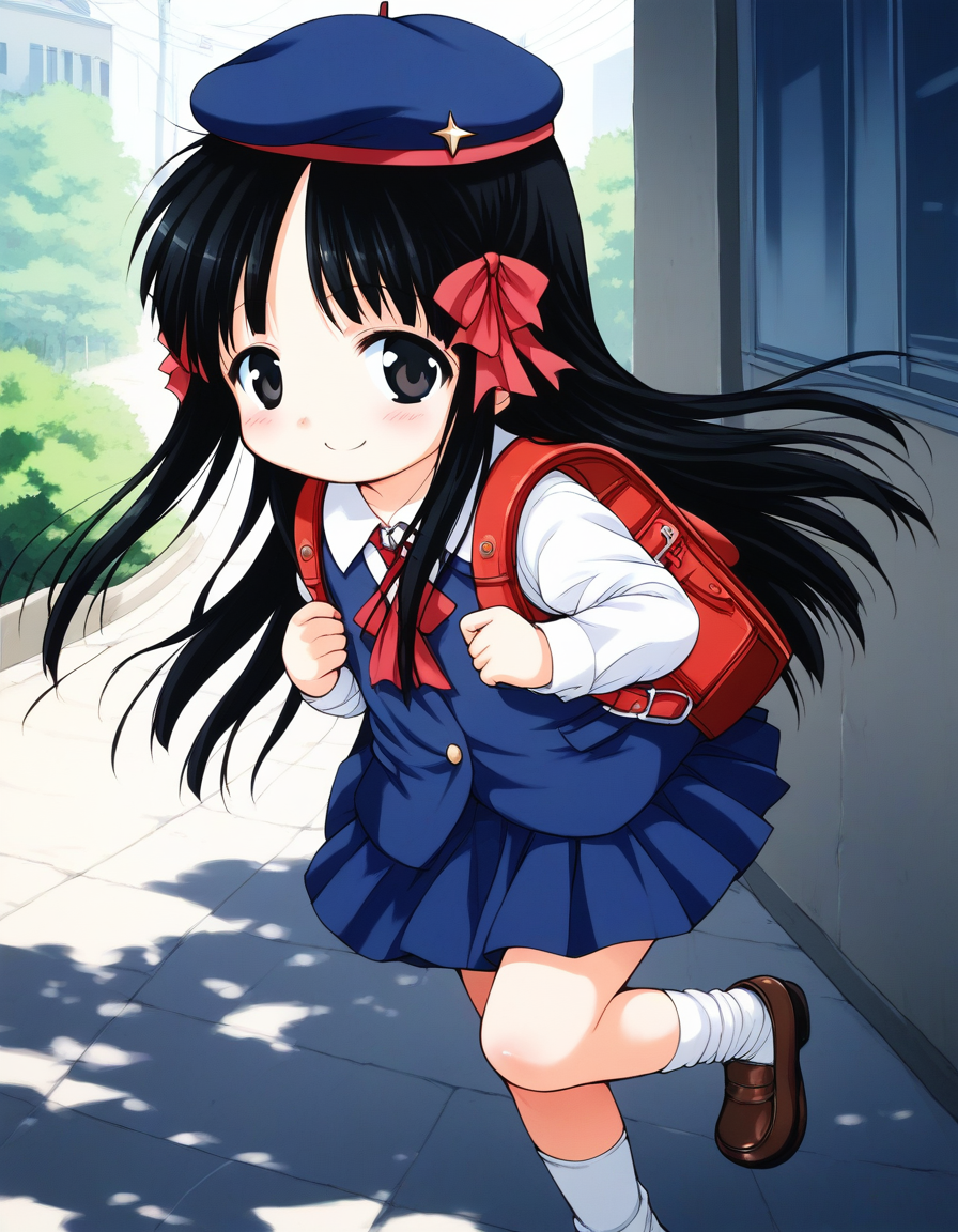 score_9, score_8_up, score_7_up, source_anime, rating_explicit, BREAK  <lora:Hoshino_Hina_XL:1> Hoshino_Hina, long hair, black hair, black eyes, hair ribbon, short stack,
bag, solo,  randoseru, backpack, blue school uniform, skirt, smile, socks, blush,  beret, brown shoes,
outdoor, day,
