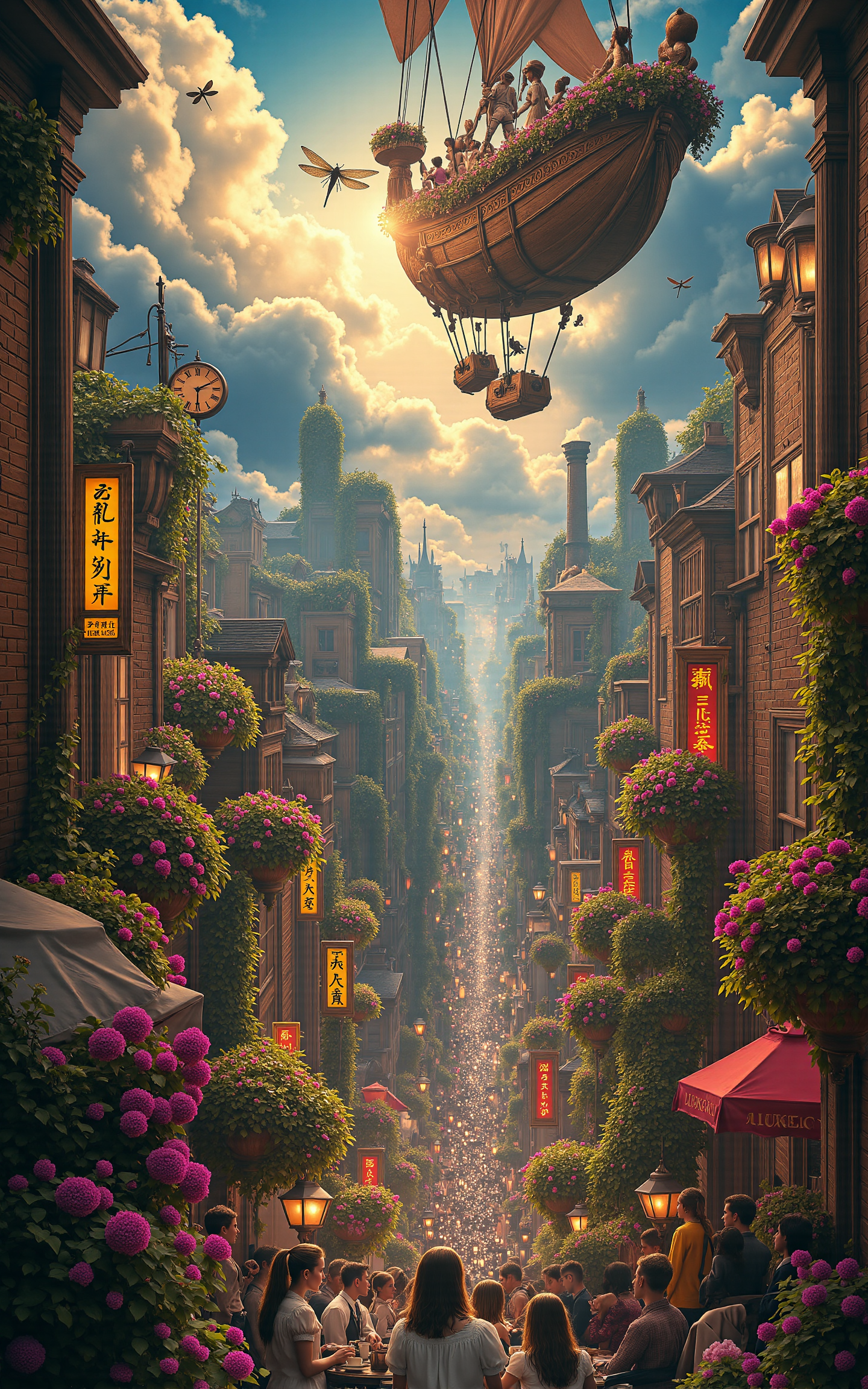an ornate floating airship garden where Victorian ladies in pastel dresses sip tea surrounded by potted flowers and hovering brass dragonflies,view opens up to reveal an immense gear-filled city below,steam rising between rooftops,glowing signs and rotating cogs creating rhythmic shadows,vibrant lighting with backlit clouds,vivid storybook style,
<lora:aidmaMJ6.1v0.4:0.6>,aidmaMJ6.1,<lora:detailifier_sd3.5:0.8>,detailifier,
