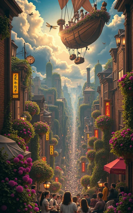 an ornate floating airship garden where Victorian ladies in pastel dresses sip tea surrounded by potted flowers and hovering brass dragonflies,view opens up to reveal an immense gear-filled city below,steam rising between rooftops,glowing signs and rotating cogs creating rhythmic shadows,vibrant lighting with backlit clouds,vivid storybook style,
<lora:aidmaMJ6.1v0.4:0.6>,aidmaMJ6.1,<lora:detailifier_sd3.5:0.8>,detailifier,