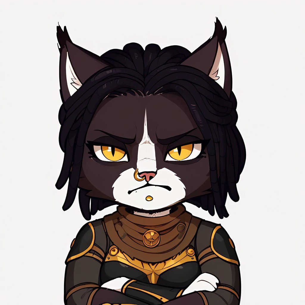 em0te art style, score_9, score_8_up, score_7_up, score_6_up, best quality,
anthro, 1girl, 3mb3r, high quality, white background, ((pout, :t, closed mouth)), crossed arms, high res , highly detailed face, white background, chibi, black armor, feline, black and white fur, yellow eyes, black hair, nose ring, chin piercing, extremely detailed