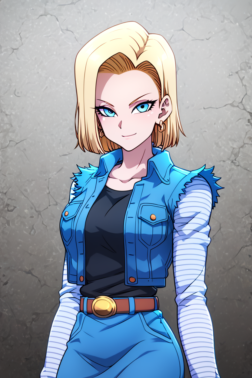 score_9, score_8_up, score_8, medium breasts, (curvy), cute, eyelashes,      ,,,  <lora:Android18PDXL:1.0>, zzAndroid18, blue eyes, blonde hair, short hair, jacket, denim, denim jacket, jewelry, earrings, long sleeves, shirt, skirt, belt, stripes, BREAK, (warm colors), smile, looking at viewer, cowboy shot, ,,, embedding:zPDXL, Expressiveh, ,,, <lora:PrismaIllya_PDXL_v3:1.0>, <lora:SDXLFaeTastic2400:0.5>, <lora:Expressive_H-000001:0.4>,