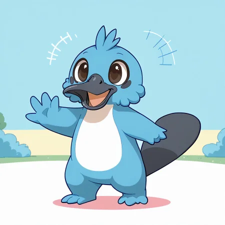 platypet, cute, happy, cute, standing, pastel style,platypus, beak, waving, friendly
