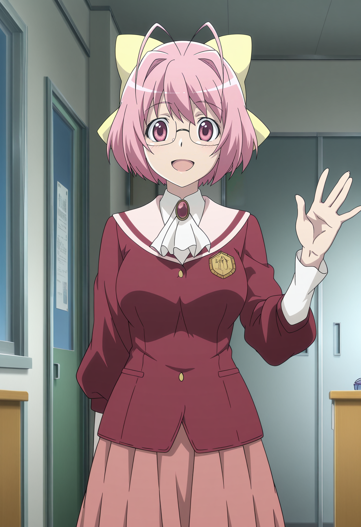 1girl,solo,mm,mature female,pink hair,short hair,pink eyes,hair bow,glasses,antenna hair,anime coloring,
school uniform,skirt,looking at viewer, smile,waving, indoors,open mouth, 
,masterpiece,best quality,amazing quality,<lora:Kanon_Nakagawa-Kami_nomi_zo_Shiru_Sekai:0.8>