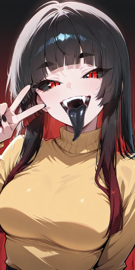 masterpiece, best quality, amazing quality, very aesthetic, absurdres, newest, scenery, 1girl, solo,  <lora:Meisha:1>,  black hair, red hair tips, long bangs, hime cut, black sclera, red eyes, split pupils, thick eyebrows, medium breasts, yellow turtleneck, upper body, smile, open mouth, black tongue, long tongue, fangs, peace sign, gradient background