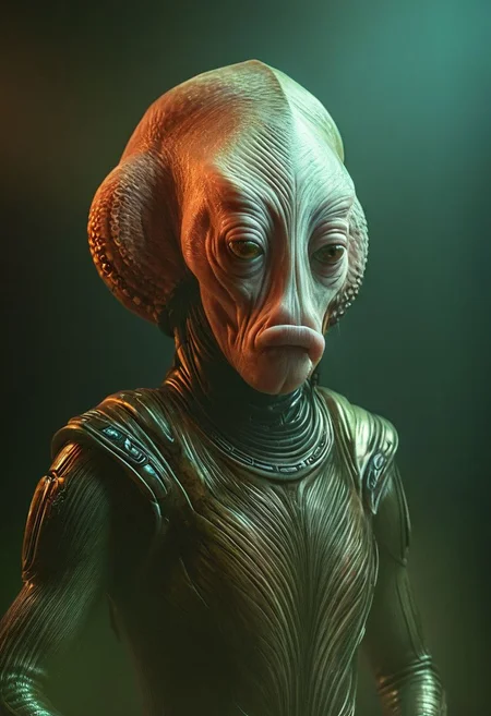 ultra realism, Rembrandt Lighting, cinematic portrait of a low-tech futuristic androgynous alien, octopus shape, aquatic, genderless shape, andromorphic eyes, wearing tribal armor, science fiction , volumetric lighting, realistic subsurface scattering skin, cinematic low-key portrait photography, endomorphic head elongated shape, tendrils