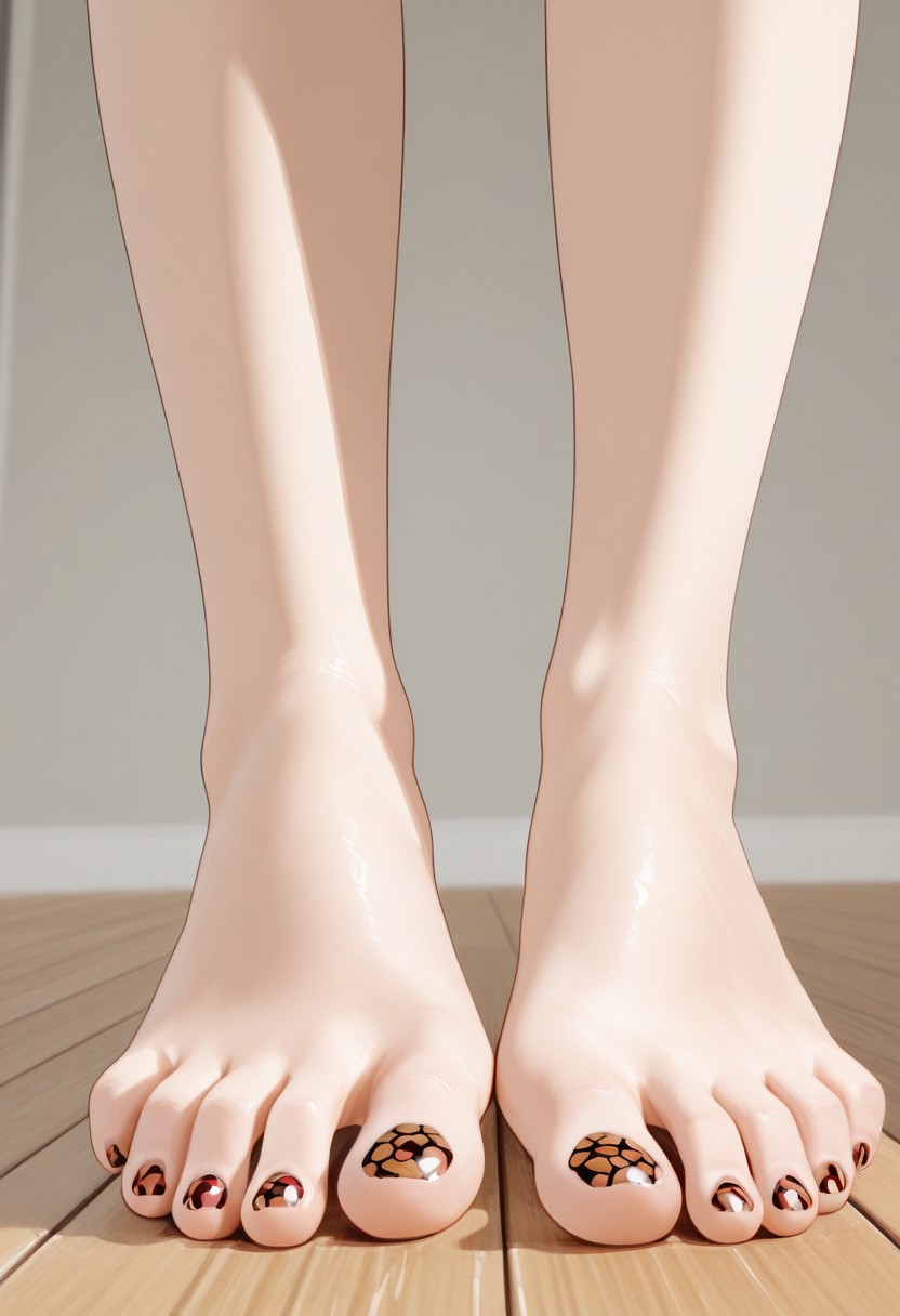 1girl, solo, barefoot, feet, wooden floor, (patterned toenail_polish), ((close-up)), lower_body, spreading toes, detailed feet, feet_focus, perfect toes, toes focus, close-up on toes, five_toes, from below
