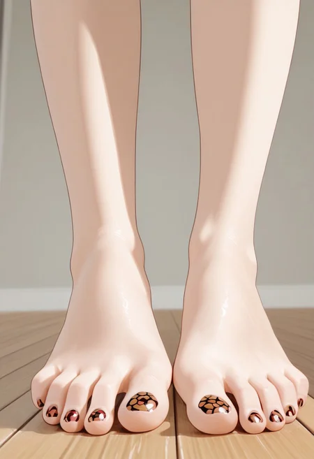 1girl, solo, barefoot, feet, wooden floor, (patterned toenail_polish), ((close-up)), lower_body, spreading toes, detailed feet, feet_focus, perfect toes, toes focus, close-up on toes, five_toes, from below