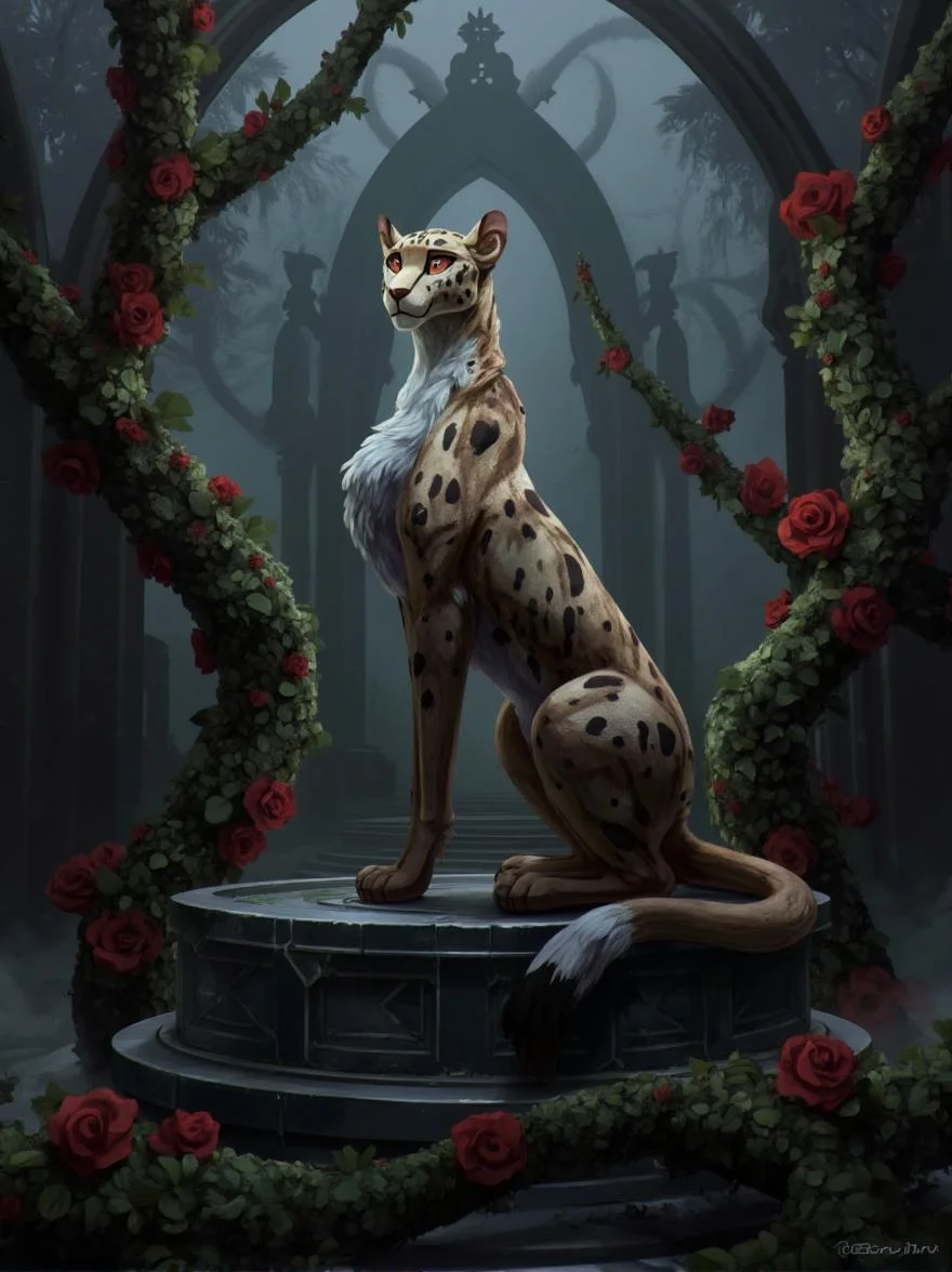 <lora:ck-LttleGhost-000011.safetensors:1> in the style of ck-lttlegh0stA majestic leopard statue, crafted from high-quality resin with exquisite detail, kneels on a circular pedestal surrounded by red rose vines that seem to be alive. The background features a Gothic arch shrouded in misty fog, adding an air of mysticism and foreboding. The entire composition exudes an aura of mystery and ancient power.