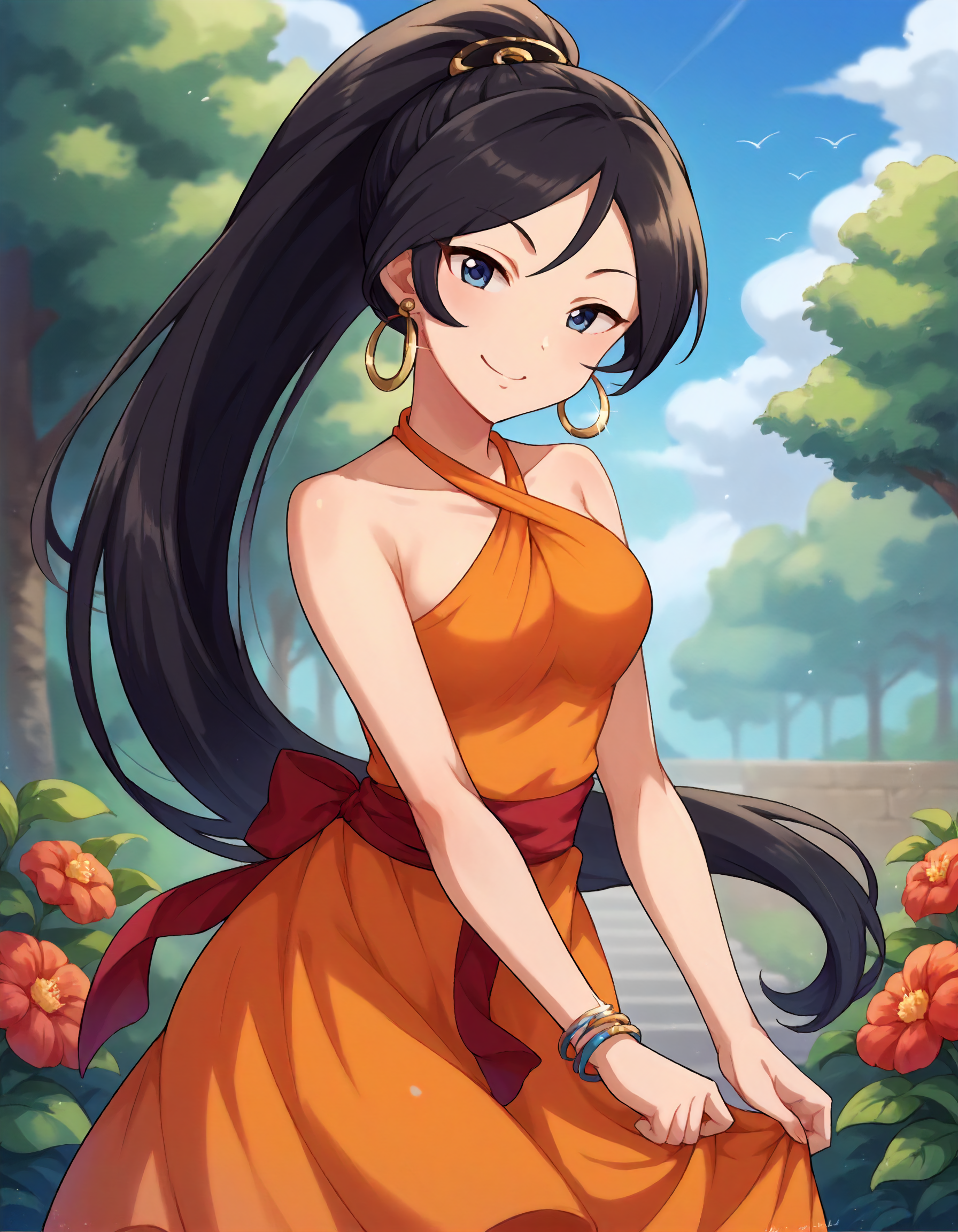 score_9,score_8_up,score_7_up,1girl,solo,cowboy shot,looking at viewer,smile,outdoors,
<lora:sugisakaumi_ponyXLV6:0.8>,cgsum,sumha,black hair,ponytail,blue eyes,
hoop earrings,dress,criss-cross halter