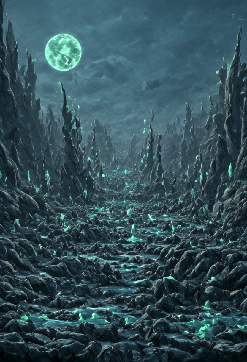 A beautiful landscape at night on an alien world, dramatic lighting, large moon in the sky, jade rocks, waterfalls, deep crevices, uhd, ultra-detailed, photography, f/8 photo, monoprone, nmskyrim