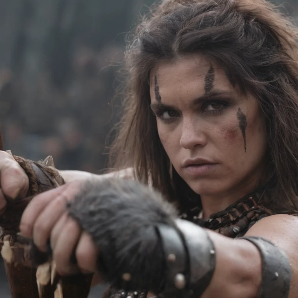photograph close up portrait of a barbarian woman holding a spiked club and a glove, cinematic 4k epic detailed 4k epic detailed photograph shot on kodak detailed bokeh cinematic hbo dark moody