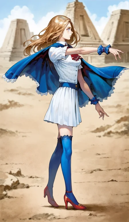 score_9,score_8_up,score_7_up,
highres,highly detailed,
<lora:CharlotteAulin:1>,
charlotteaulin,
1girl,solo,
brown hair,long hair,
blue eyes,
blue cape with white lace trim,white dress,white lace trim collar,red tie with white lace trim,short puffed sleeves,blue wrist cuffs,(blue wrap skirt:1.1),
blue lace thigh socks,red heels,
from side,walking,
blurry background,vignetting,outdoors,black sun,dark,light particles,pyramid in the background,desert,heat wave,