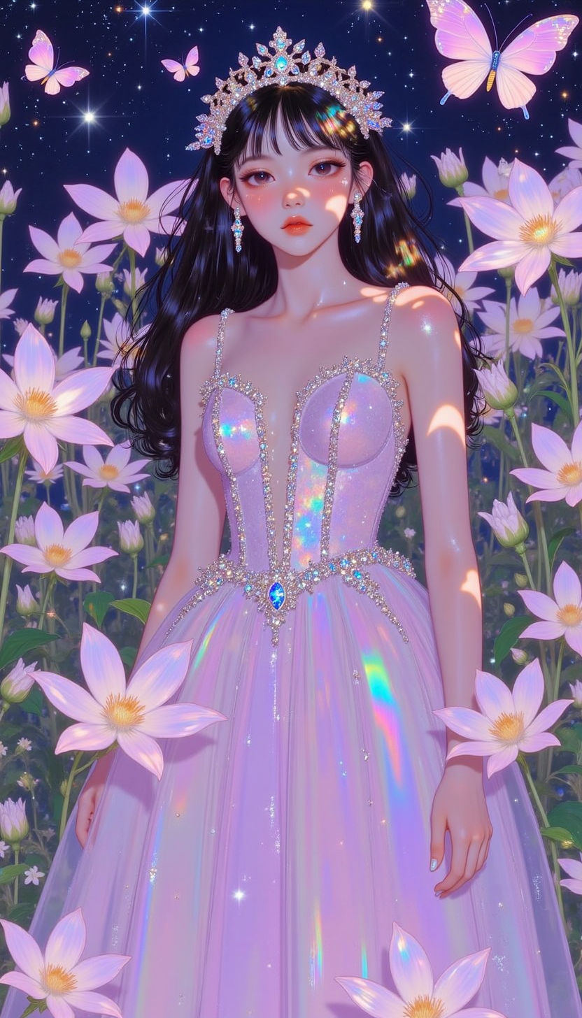 pinkprismaticglow, 
A woman in an ethereal gown, standing in a cosmic garden where star-shaped flowers bloom. The petals glow like constellations, drifting around her in weightless beauty.