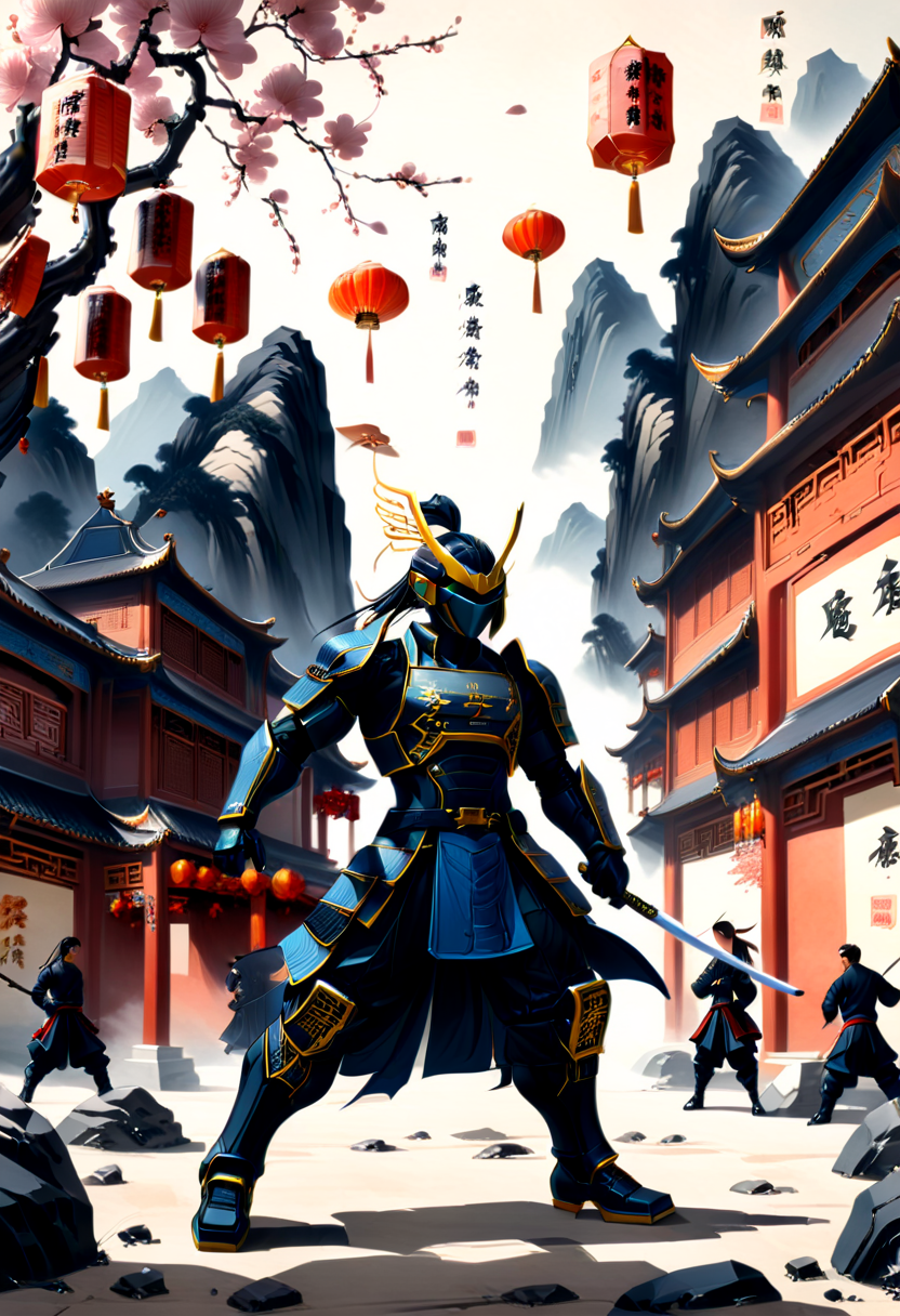 Sinoink, cyberpunk robot samurai, battlestance, fighting stance, holding katana, chinese landscape, chinese buildings, chinese village, paper lanterns,
<lora:Classical_Ink:2>
<lora:add-detail-xl:1>
<lora:dark:0.4>
<lora:CyberPunk_Robot_Samurai:0.5>
