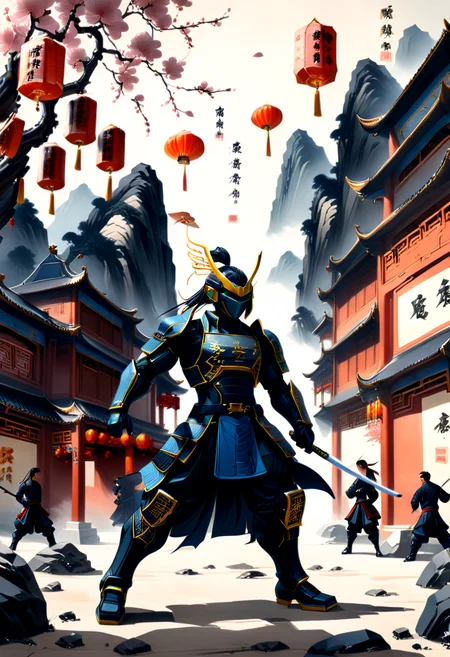 Sinoink, cyberpunk robot samurai, battlestance, fighting stance, holding katana, chinese landscape, chinese buildings, chinese village, paper lanterns,
<lora:Classical_Ink:2>
<lora:add-detail-xl:1>
<lora:dark:0.4>
<lora:CyberPunk_Robot_Samurai:0.5>