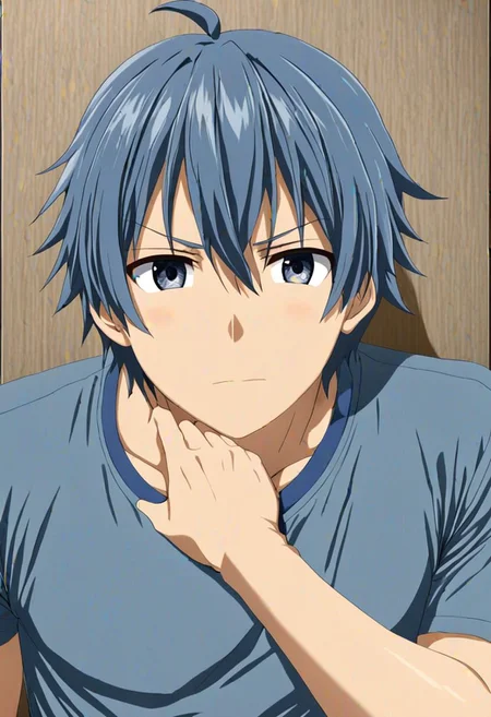 high resolution, solo, best quality, 1Boy, Tomoya Okazaki, Grey Blue Hair, kabedon POV, T-Shirt, OverallDetail