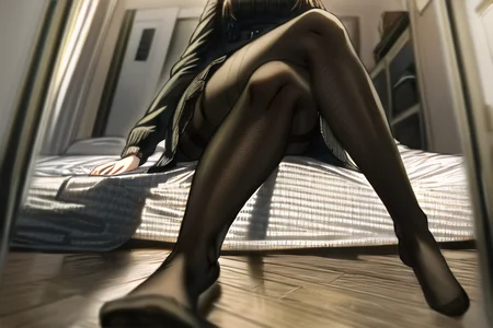 ((extremely detailed)), ((best quality)), ((masterpiece)), ((ultra detailed)), <lora:silenceGirlStyleLora2D_silencegirlV2:1>, 1girl, black hair, sweater dress, pantyhose, indoors, city apartment, sitting on bed, from below, crossed legs, (thighs), lower body, feet
