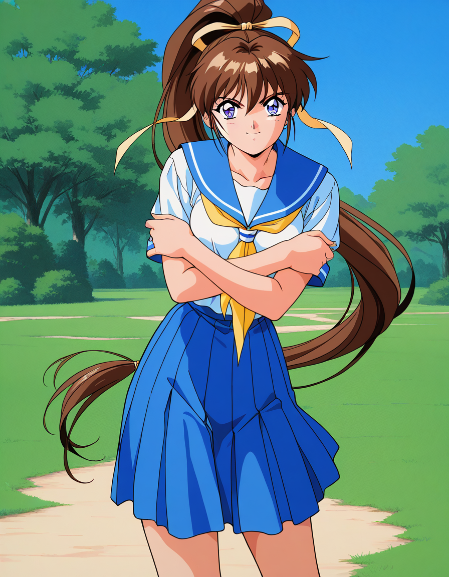 general,highres, ultra-detailed,very aesthetic,best quality ,best hands,  BREAK <lora:Amatsu_Ai_IS:1>Amatsu_Ai, 1girl, solo, brown hair, ponytail, very long hair, ribbon, hair ribbon, hair bow, pink bow, breasts, blue eyes, bangs, purple eyes, high ponytail, 1990s \(style\),anime coloring, BREAK, serious, smile, standing, cross arms, looking at viewer, 
school uniform, Yellow ribbon,  serafuku,  skirt,  blue sailor collar,
grass, sky, day,