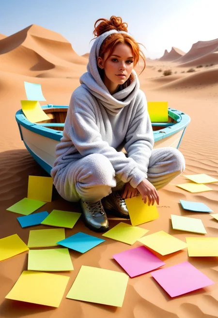masterpiece, best quality,
1girl, woman, Bunij, ginger hair, hair buns, <lora:Bunij:0.9>, wearing shaggy silver legwarmers, shaggy silver fleece pants, fluffy oversized silver hoodie, in the middle of the Sahara desert, desperately ((building a boat from Jed-StickyN sticky notes))