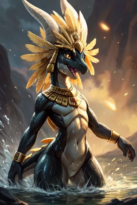 Tilt-shift, ((full shot)), split shot, over-under, 
dragon, (raptor:0.5) scalie, female, detailed black scales, detailed vivid scales, intricate iridescent scales, detailed face, detailed eyes, (big eyes:0.5), claws, fangs, (kobold:1.2), horns, ears, oiled up, glossy skin, green hands, (green chest), yellow eyes, horns, black skin, 
cute, young, (toned body:0.3), elegant, beautiful, bright eyes, expressive eyes, eyelashes, feminine, thick thighs, slim body, cute-fine-face,
round head, cute face, reflective eyes, 
open mouth, smile, shiny, sharp teeth,
((splashing in water)), movement pose, water spray, wet, sweating,
(big yellow feather headdress)), long yellow crest feathers, yellow feather ornaments,
iridescent gold, golden necklace, golden bracers, 
<lora:dragon:0.3>, 
<lora:Tangbohu Detail Tweaker:-0.1>,
<lora:nanachi:0.3>,
<lora:Velociraptor_Dino:0.3>,
<lora:GAME_Gerudo_riju_aiwaifu69:0.3>;
by ulitochka, by darkgem, by thesecretcave, by silverfox5213, by hioshiru, by carrot,
Volumetric lighting, Rim lighting,
noon, blue sky, waves, birds in the sky, cove, coast,
((on the beach, tropical sea, horizon, sunlight)),
(ambient light on the body), 
Ray tracing, concept art, highly detailed, ((masterpiece)), ((best quality))  cinematic composition, ultra realistic, (high detail:1.3), sharp focus